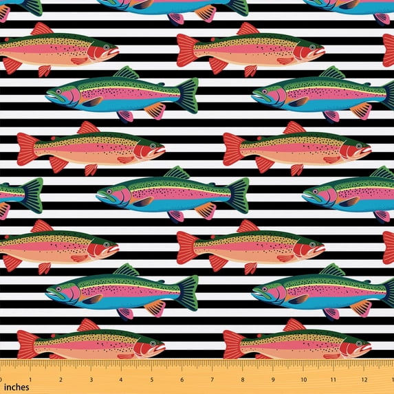 Manfei Cartoon Fish Fabric by the Yard 3 Yards, Geometric Stripe Room Decor Fabric by the Yard, Black White