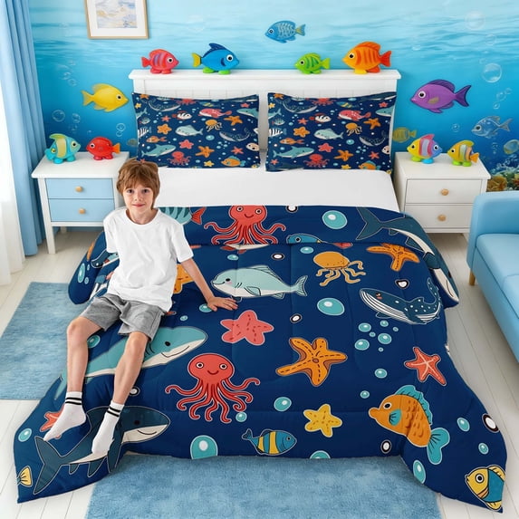 Manfei Cartoon Fish Full Size Comforter Sets for Kids Boys and Girls, Marine Life Print Bedding Sets, Navy Reversible 3pcs, 1 Comforter and 2 Pillowcases
