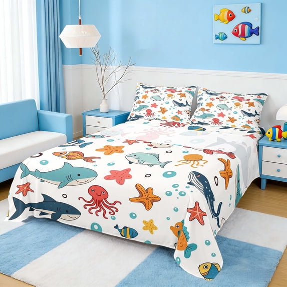 Manfei Cartoon Fish Full Size Sheets for Kids Boys and Girls, Marine Life Bed Sheets 4-Piece, 1 Flat Sheet, 1 Fitted Sheet and 2 Pillowcases