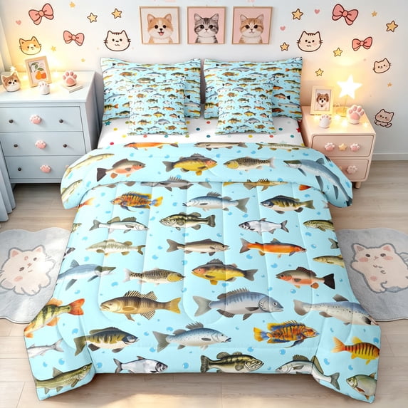 Manfei Cartoon Fish Queen Bedding, Marine Animal Bedding Comforter Set Queen, Light Blue, Polkadot Reversible, 7pcs