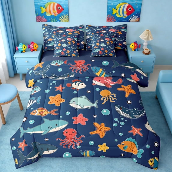 Manfei Cartoon Fish Twin Bedding Sets for Kids Boys and Girls, Marine Life Print Bedding Comforter Set, Navy Reversible 7pcs