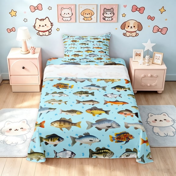 Manfei Cartoon Fish Twin Sheets, Marine Animal Bedding, Light Blue, 3pcs, 1 Flat Sheet, 1 Fitted Sheet and 1 Pillowcase