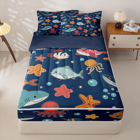 Manfei Cartoon Fish Zipper Twin Comforter Sets with Fitted Sheet and 2 Pillowcases for Kids Boys and Girls, Marine Life Print Zipper Bedding Set, Navy Reversible, 4 Pieces
