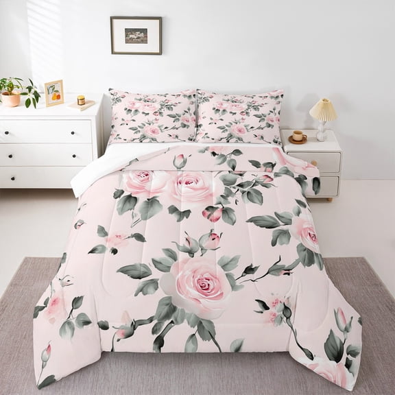 Manfei Cartoon Floral Bedding Comforter Set,Pink Kawaii Flower Twin Comforter Sets,Natural Plant Bedding Set For Children,Super Cozy Room Decor,2 Pieces