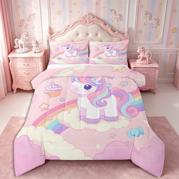 Manfei Cartoon Floral Unicorn Queen Comforter Set 3 Pieces,Cute Rainbow Animal Comforter Sets Queen,1 Comforter and 2 Pillowcases,Reversible