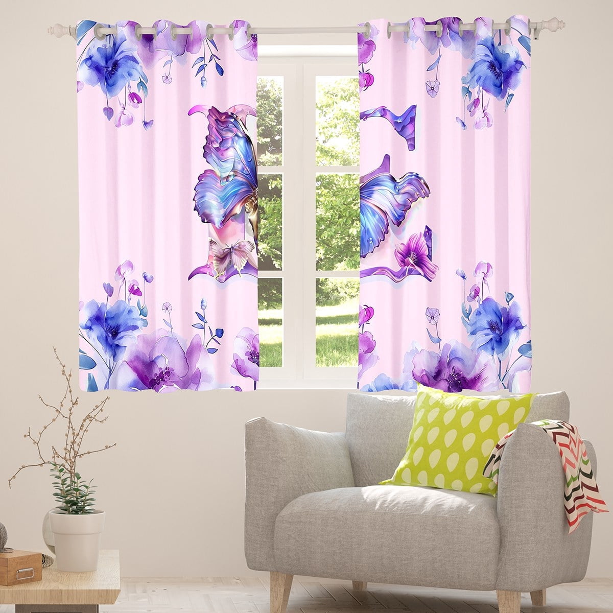 Manfei Cartoon Flower Butterfly Blackout Curtains Set of 2 (38x54 Each ...