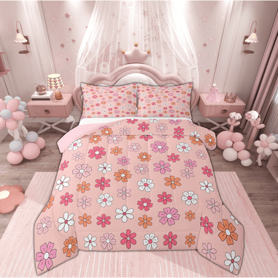 Manfei Cartoon Flower Child Bedding Comforter Set, Pink Blossoms Floral Twin Comforter Sets, Retro French Style Reversible Bedding Set, Super Cozy Room Decor, 2-Piece