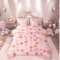 thumbnail image 1 of Manfei Cartoon Flower Child Twin Bedding Sets 7-Piece, Pink Blossoms Floral Bedding Comforter Set, Retro French Style Reversible Sheet Sets, Super Cozy Room Decor, 1 of 7