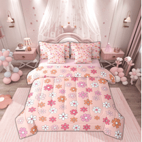 Manfei Cartoon Flower Child Twin Bedding Sets 7-Piece, Pink Blossoms Floral Bedding Comforter Set, Retro French Style Reversible Sheet Sets, Super Cozy Room Decor