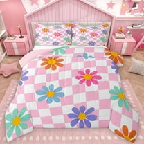 Manfei Cartoon Flower Floral Bedding Comforter Set for Kids, Swirl Checkered Square Twin Comforter Sets, Pink Buffalo Reversible Bedding Set, Lightweight Room Decor, 2 Pieces