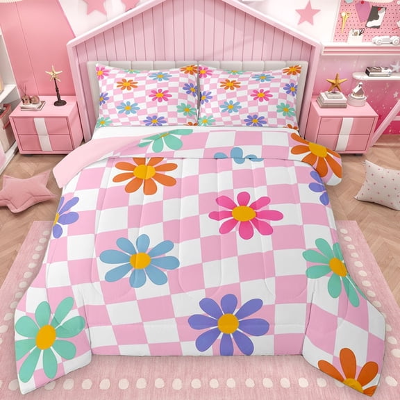 Manfei Cartoon Flower Floral Full Size Comforter Sets for Kids, Swirl Checkered Square Bedding Comforter Set, Pink Buffalo Reversible Bedding Sets, Lightweight Room Decor, 3 Pieces