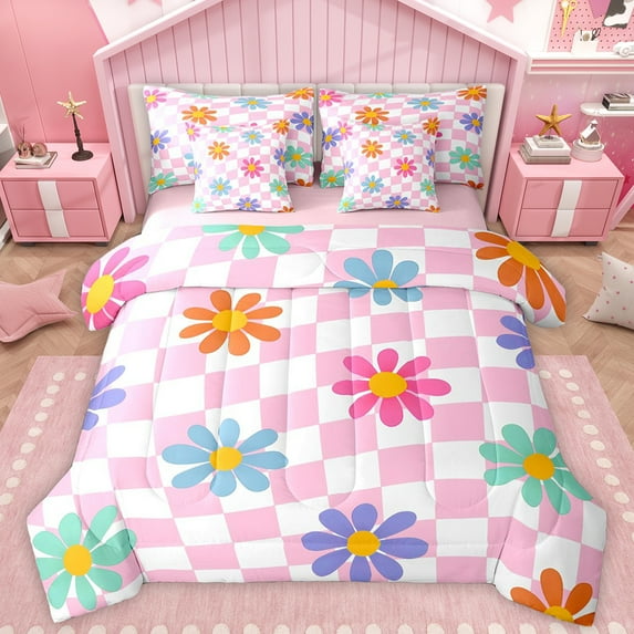 Manfei Cartoon Flower Floral Twin Bedding Sets 7-Piece for Kids, Swirl Checkered Square Bedding Comforter Set, Pink Buffalo Reversible Sheet Sets, Lightweight Room Decor