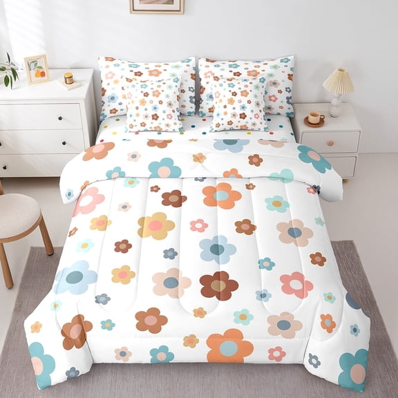 Feelyou Cartoon Flower Twin Bedding Sets 7-Piece, Rustic Farmhouse Floral Bedding Comforter Set, Child Preppy Sheet Sets, Breathable Bedroom Decoration