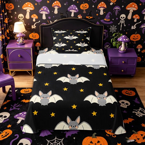 Manfei Cartoon Flying Bat Twin Sheets 3pcs, Halloween Spooky Animal Bedding, Black Gray Yellow,1 Fitted Sheet, 1 Flat Sheet and 1 Pillowcase