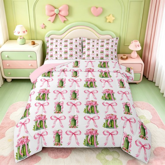 Manfei Cartoon Food Print Full Size Comforter Sets,Cute Pink Bowknot Bedding Comforter Set,Pink Reversible,3pcs,1 Comforter and 2 Pillowcases