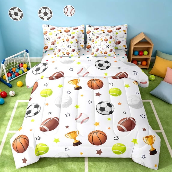 Manfei Cartoon Football King Bedding, Baseball Tennis Sports King Bed in a Bag, White Brown Orange, Polka Dots Reversible 7-Piece
