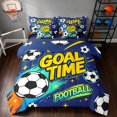 thumbnail image 1 of Manfei Cartoon Football Queen Bedding, Sports Goal Time Print Bedding Comforter Set Queen, Royal Blue Gold, Navy Reversible 7pcs, 1 of 6
