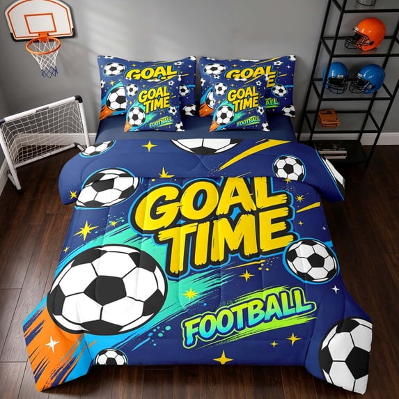 Manfei Cartoon Football Queen Bedding, Sports Goal Time Print Bedding Comforter Set Queen, Royal Blue Gold, Navy Reversible 7pcs