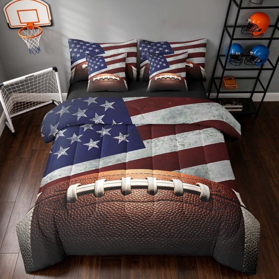 Manfei Cartoon Football Queen Bedding, US Flag Sport Bedding Comforter Set Queen, Red White Blue, Black Reversible 7pcs