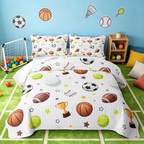 Manfei Cartoon Football Quilt King, Baseball Tennis Sports King Coverlet Set, White Brown Orange, Polka Dots Reversible 3-Piece, 1 Bedspread and 2 Pillowcases