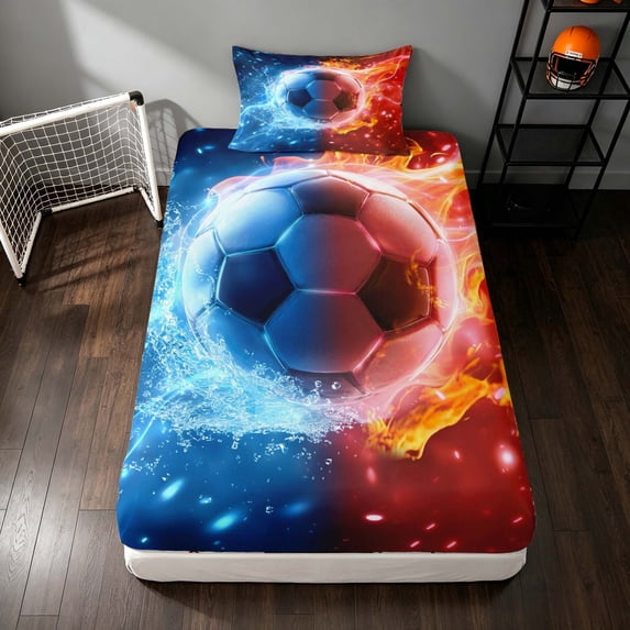 Manfei Cartoon Football Sport Twin Fitted Sheet, Fire and Ice Bedding, Brightblue Red Black 2pcs, 1 Fitted Sheet and 1 Pillowcase