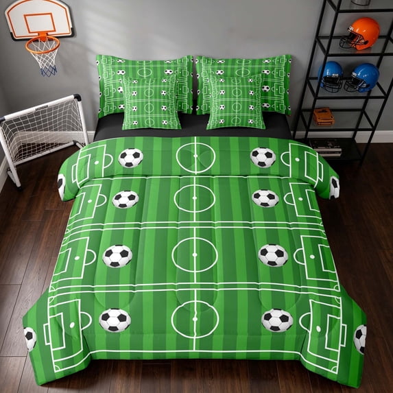 Manfei Cartoon Football Twin Bedding, Sport Bedding Comforter Set, Green Black White, Black Reversible 7 Pieces