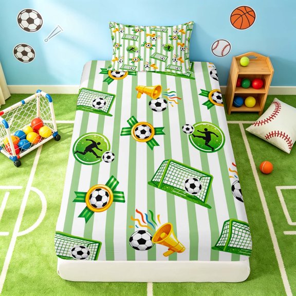 Manfei Cartoon Football Twin Fitted Sheet, Sport Bedding, Green White Yellow 2pcs, 1 Fitted Sheet and 1 Pillowcase