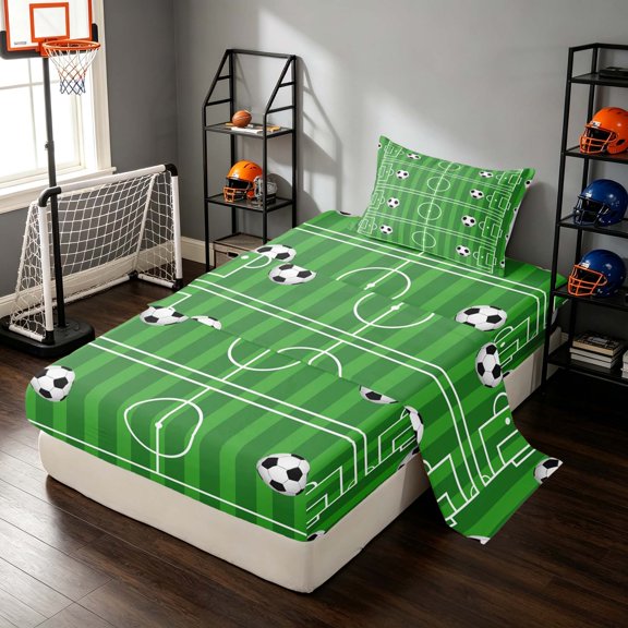 Manfei Cartoon Football Twin Sheets, Sport Bedding, Green Black White 3 Pieces(1 Flat Sheet, 1 Fitted Sheet and 1 Pillowcase)
