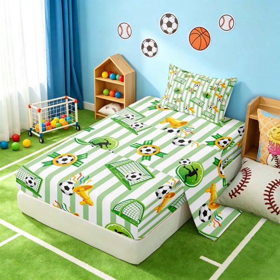 Manfei Cartoon Football Twin Sheets, Sport Bedding, Green White Yellow 3pcs(1 Flat Sheet, 1 Fitted Sheet and 1 Pillowcase)