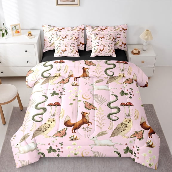 Manfei Cartoon Fox Owl Animal Bedding Comforter Set 7-Piece, Rustic Plant Botanical King Bedding Sets, Pink Bohemian Style Reversible Bed Sheets, Lightweight Room Decor