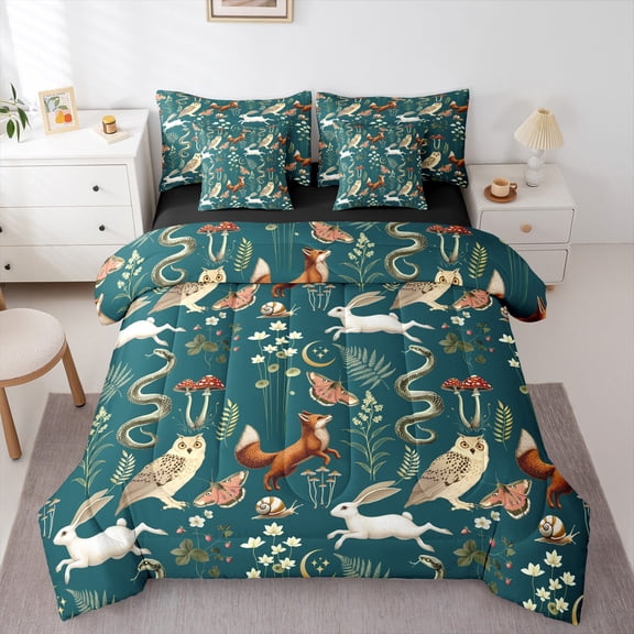 Manfei Cartoon Fox Owl Animal Bedding Comforter Set 7-Piece, Rustic Plant Botanical King Bedding Sets, Teal Bohemian Style Reversible Bed Sheets, Super Cozy Room Decor
