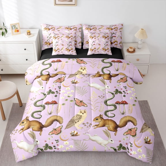 Manfei Cartoon Fox Owl Animal Bedding Comforter Set 7 Pieces, Rustic Plant Botanical Full Bedding Set, Plum Bohemian Style Reversible Fitted Sheet Flat Sheet, Lightweight Room Decor