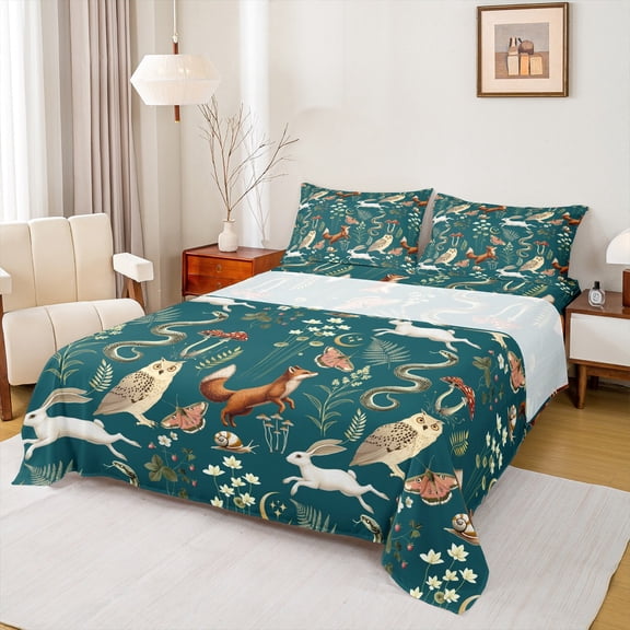 Manfei Cartoon Fox Owl Animal Twin Sheet Sets, Rustic Plant Botanical Twin Fitted Sheet, Teal Bohemian Style Flat Sheet, Super Cozy Room Decor, 3-Piece