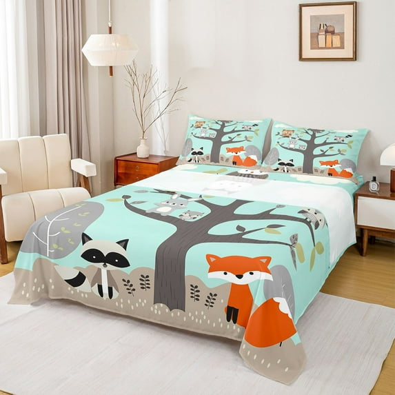 Manfei Cartoon Fox Raccoon 3pcs Twin Sheet Sets for Preppy Children Kids,Kawaii Jungle Animal Twin Fitted Sheet,Cute Wildlife Breathable Flat Sheet,Breathable Home Decor