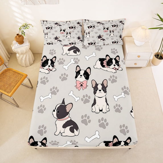 Manfei Cartoon French Bulldog Fitted Sheet Full, Cute Dog Paw Bed Set, Light Gray, 3 Pieces, 1 Fitted Sheet and 2 Pillowcases