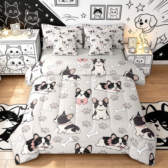 Manfei Cartoon French Bulldog Twin Bedding, Cute Dog Paw Bedding Comforter Set, Light Gray, Gray Reversible, 7 Pieces