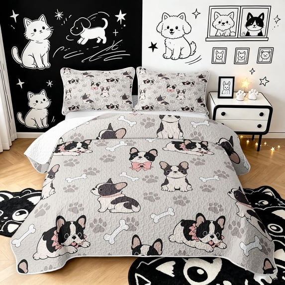 Manfei Cartoon French Bulldog Twin Quilt Set, Cute Dog Paw Twin Coverlet Set, Light Gray, 2 Pieces, 1 Bedspread and 1 Pillowcase