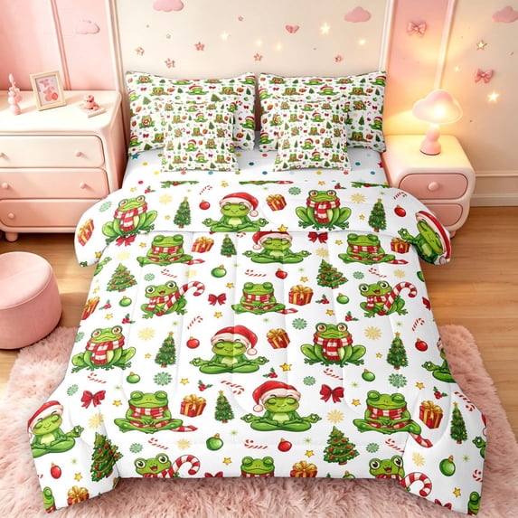 Manfei Cartoon Frog 7pcs Queen Bedding,Traditional Christmas Tree Bowknot Bedding Comforter Set Queen,White Green,Polkadot Reversible