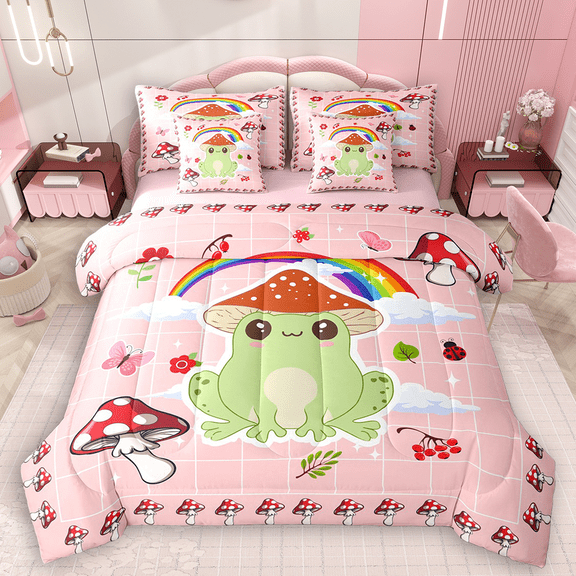 Manfei Cartoon Frog Bedding Comforter Set 7pcs for Kids, Kawaii Rainbow Butterfly Mushroom King Bedding Sets, Pink Bed Sheets, Lightweight Room Decor