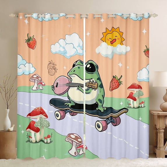 Manfei Cartoon Frog Mushroom Black Out Curtains,Music Instruments Guitar Curtains Pack of 2 (42x63 Each),Red Fruit Bedroom Curtains For Girl Boys,Ultra Soft Home Decor
