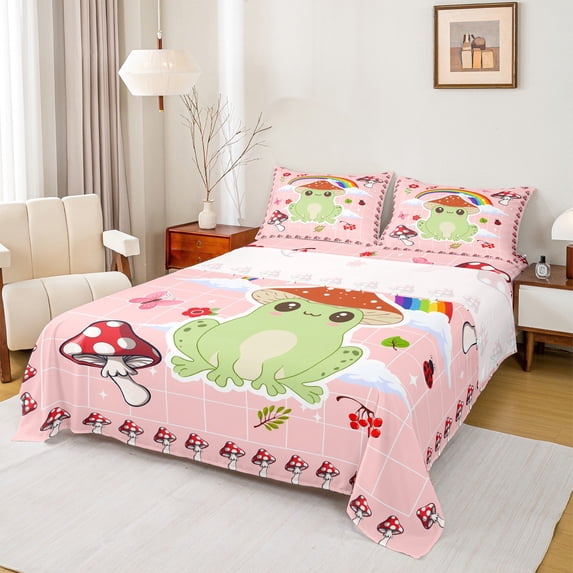 Manfei Cartoon Frog Queen Sheet Sets 4 Pieces for Kids, Kawaii Rainbow Butterfly Mushroom Flat Sheet, Pink Queen Fitted Sheet, Lightweight Room Decor