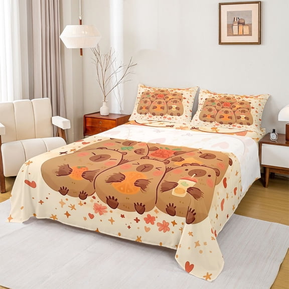 Homewish Cartoon Funny Capibara Twin Sheet Sets for Kids, Kawaii Cute Animal Twin Fitted Sheet, Stars Cherry Blossoms Flat Sheet, Ultra Soft Bedroom Decor, 3-Piece
