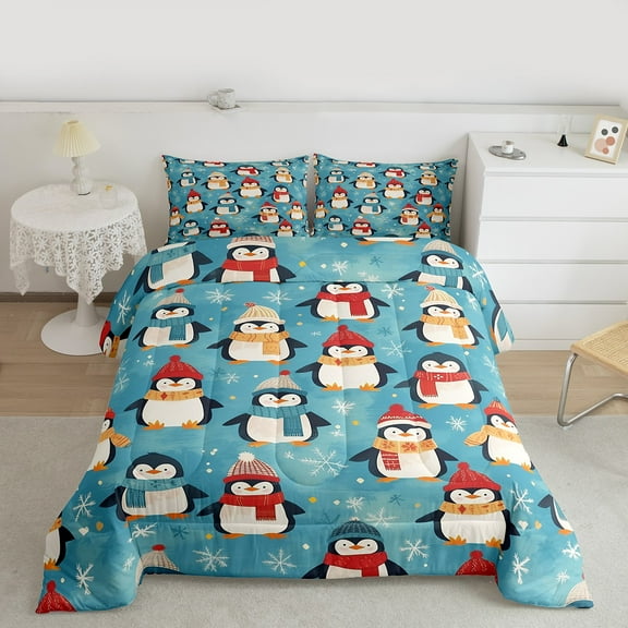 Manfei Cartoon Funny Penguin Bedding Comforter Set, Christmas Snowflake Twin Comforter Sets, Kawaii Wildlife Animal Bedding Set, Luxury Bedroom Decor, 2 Pieces