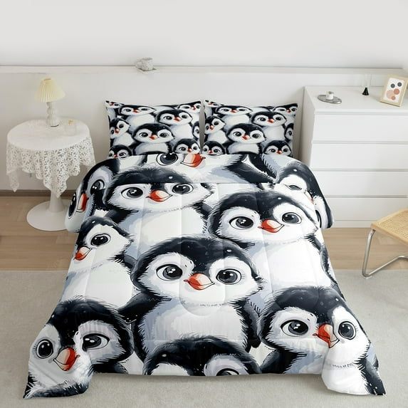 Manfei Cartoon Funny Penguin Full Size Comforter Sets for Kid, Black Grey Bedding Comforter Set, Kawaii Wildlife Animal Bedding Sets, Super Cozy Room Decor, 3-Piece