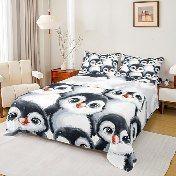 Manfei Cartoon Funny Penguin Full Size Sheets for Kid, Black Grey Bed Sheets, Kawaii Wildlife Animal Sheet Sets, Super Cozy Room Decor, 4-Piece