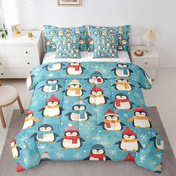 Manfei Cartoon Funny Penguin Twin Bedding Sets 7-Piece, Christmas Snowflake Bedding Comforter Set, Kawaii Wildlife Animal Sheet Sets, Luxury Bedroom Decor