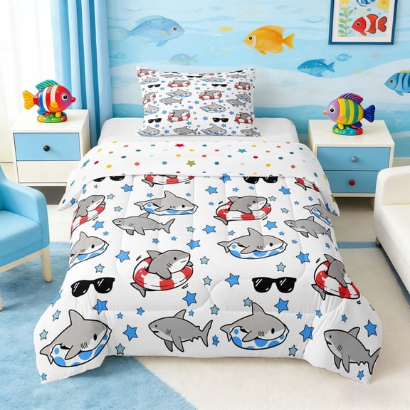 Manfei Cartoon Funny Sharks Twin Comforter Sets for Kids Boys and Girls, Nautical Fun Print Bedding Set, Polka Dots Reversible 2-Piece, 1 Comforter and 1 Pillowcase