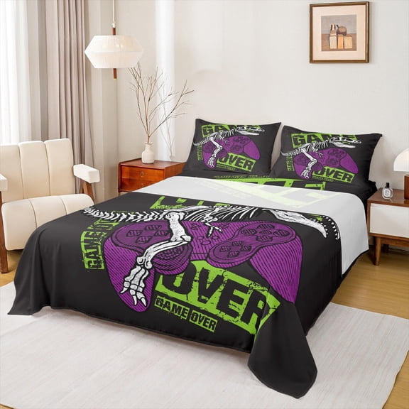 Manfei Cartoon Game Console Bed Sheets Set Full Size, Video Game Bedding Full Size, Dinosaur Skeleton Full Sheet Sets, Ultra Soft Room Decorative, 4pcs