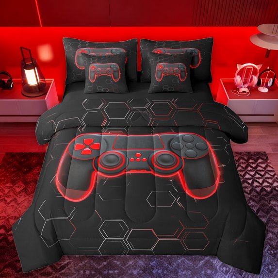Manfei Cartoon Game Console Bedding Comforter Set 7pcs for Teens, Red Gamer Gamepad Queen Bedding Sets, Futuristic Honeycomb Reversible Queen Sheet Sets, Microfiber Bedroom Decor