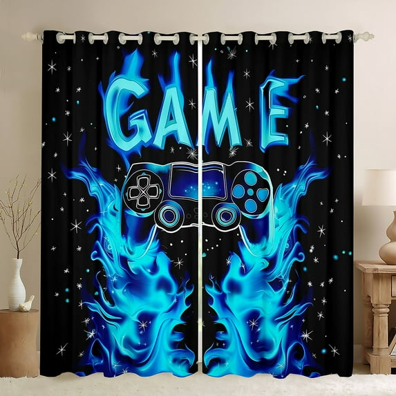 Manfei Cartoon Game Console Black Out Curtains for Boys, Black Blue Gamepad Curtains Pack of 2 (42x63 Each), Cartoon Snowflake Bedroom Curtains, Curtains Blackout Home Decor